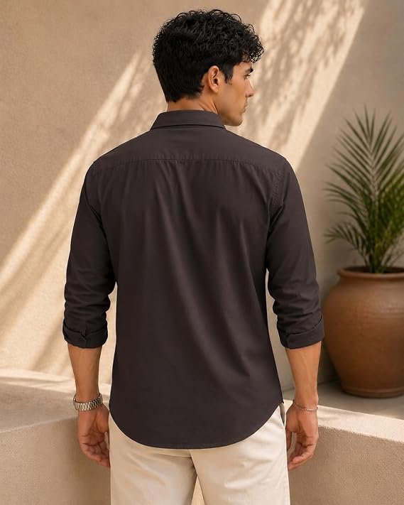 Men's Solid Coffee Brown Casual Cotton Blend Shirt - Image 3