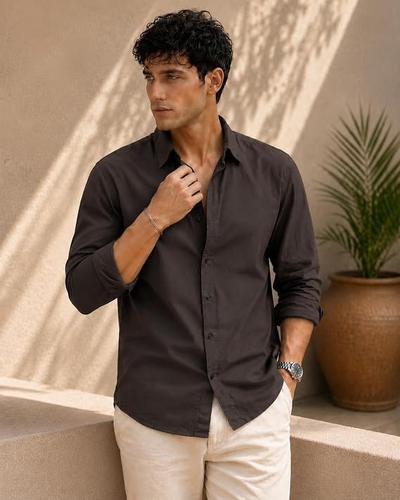 Men's Solid Coffee Brown Casual Cotton Blend Shirt - Image 2